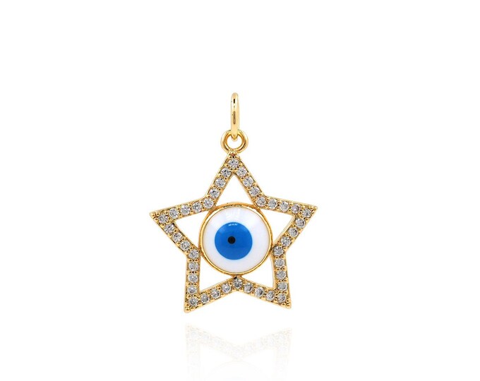 Micropavé CZ Star Pendant, Enamel Charm, 18K Gold Filled Star Charm, Eye Charm, Eye Pendant, DIY Jewelry Supplies, 23x11.5x4mm