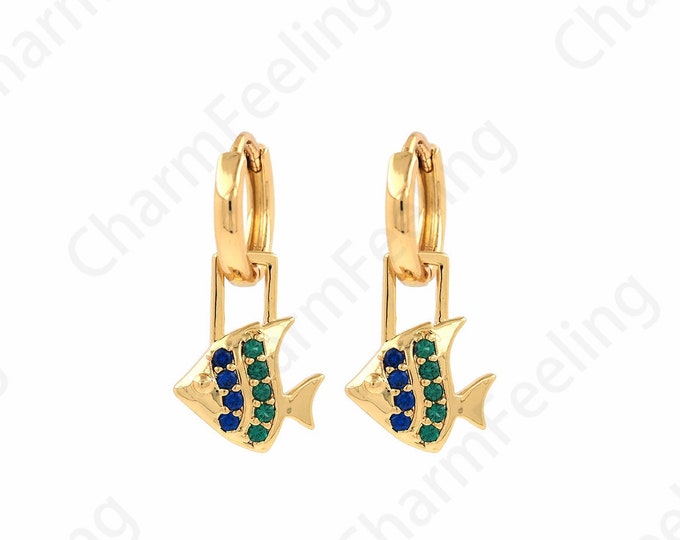 Fish Earrings,18K Gold Filled Dangle Earrings,Marine Life Earrings,MicroPave CZ Dangle Earrings,Gift For Her, DIY Jewelry Supplies, 24.5x2mm