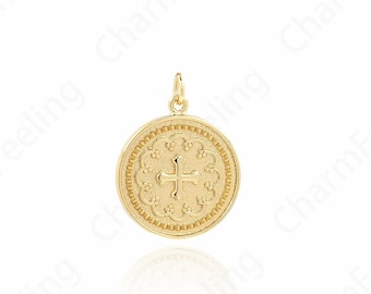 Cross Necklace, 18K Gold Filled Christian Charm,Cross charm, Coin Charm,Round Cross Pendant, DIY Jewelry Accessories, 26.5x20x2mm