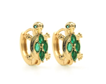 Turtle Earrings, Micropavé CZ Round Earrings, Pierced Earrings, 18K Gold Filled Sea Life Earrings, DIY Jewelry Supplies, 16x16x10mm