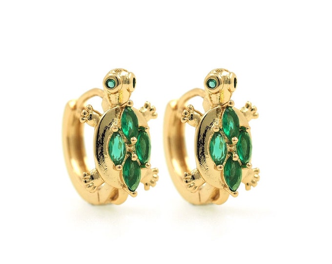 Turtle Earrings, Micropavé CZ Round Earrings, Pierced Earrings, 18K Gold Filled Sea Life Earrings, DIY Jewelry Supplies, 16x16x10mm