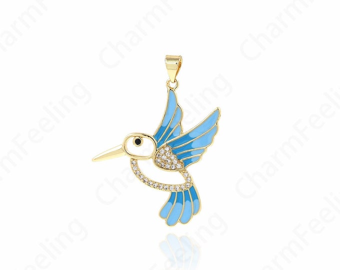 Bird Necklace, Animal Charm, Bird Pendant, Micropavé CZ Enamel Charm, 18K Gold Filled Animal Pendant, DIY Jewelry Supplies, 30x31x2mm