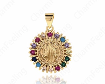 Jesus Pendant, 18K Gold Filled Round Charm, Religious Charm, Micropavé CZ Christian Charm, DIY Jewelry Supplies, 25x18.5x2mm