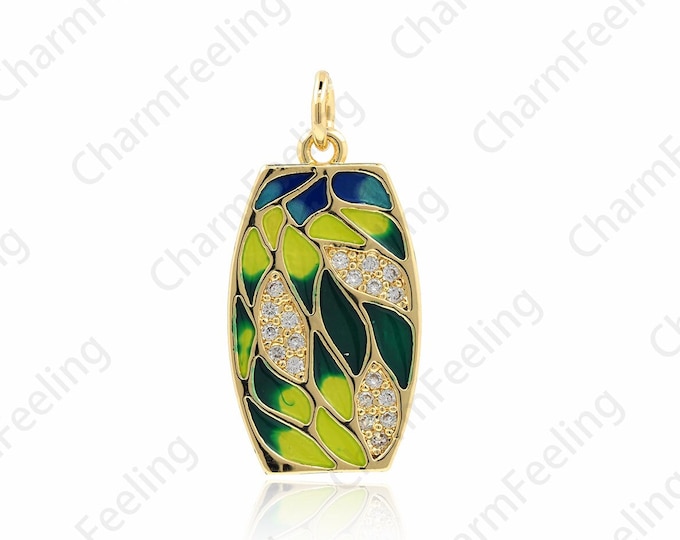 18K Gold Filled Enamel Leaf Pendant, Micropavé CZ Enamel Green Leaf Necklace, Enamel Pendant, DIY Jewelry Accessories, 26x12.5x1.8mm