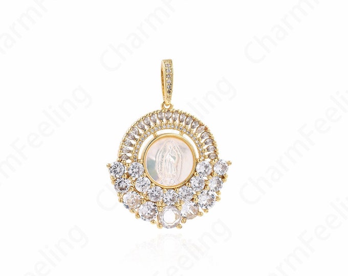 MicroPave CZ Saint Guadalupe Medal,18K Gold Filled Virgin Mary Pendant,Round Virgin Mary Necklace, Religious Jewelry 22.5x33x5mm