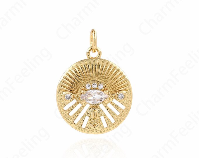 Micropavé CZ Eye Coin Necklace,18K Gold Filled Eye Pendant,Dainty Eye Charm,DIY Jewelry Making Accessories 21.5x16.5x4.5mm