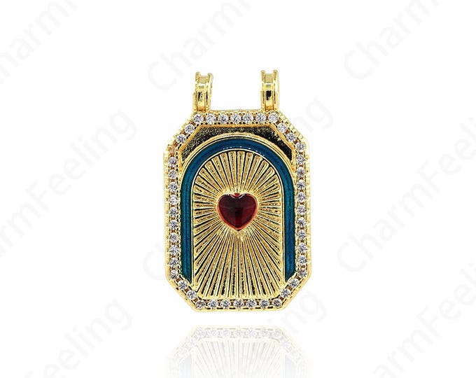 Square Pendant, Heart Charm, Micropavé CZ Love Necklace, 18K Gold Filled Heart Pendant, DIY Jewelry Supplies, 30x18x3mm
