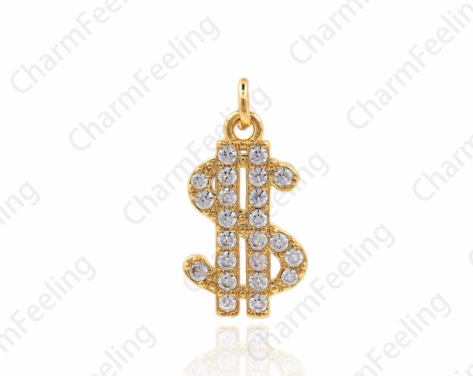 18K Gold Filled Dollar Sign Pendant, Micropavé CZ Money Sign Necklace, Sign Pendant, Money Charm, Dollar Charm, 18x9.5x1.8mm