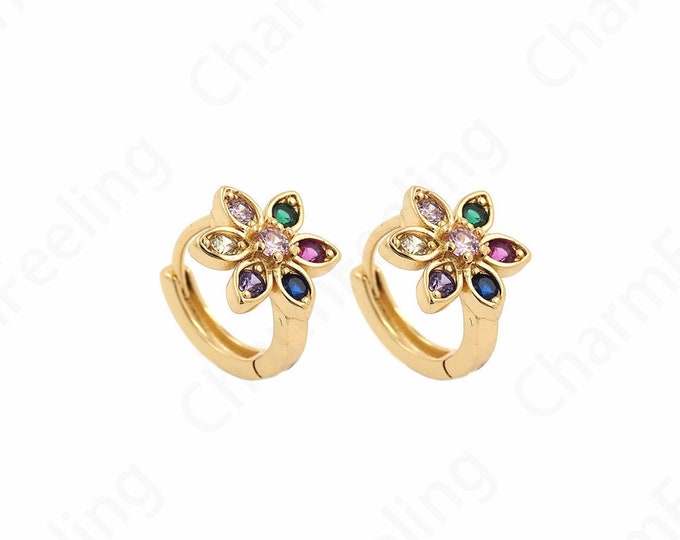 Pierced Earrings,Micropavé CZ Flower Charm,Flower Earrings,18K Gold Filled Round Earrings,DIY Jewelry Supplies,14.7x10.3x13mm