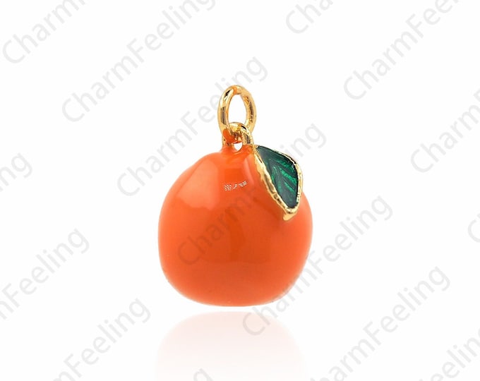 Enameled Fruit Pendant, Enameled Fruit Necklace, 18K Gold Filled Orange Necklace, Fruit Charm, Orange Pendant, Orange Necklace, 16x11x11mm