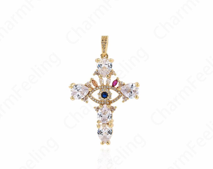 Lucky Eye Charm, Eye Charm, Exquisite Cross Charm, 18K Gold Filled Eye Pendant, Cross Necklace,DIY Jewelry Accessories, 50x32x6mm