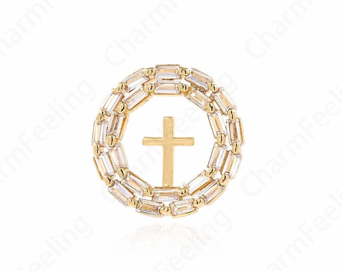 MicroPave CZ Cross Necklace, 18K Gold Filled Cross Charm, Round Cross Pendant, DIY Jewelry Making Accessories 24x24x3.5mm