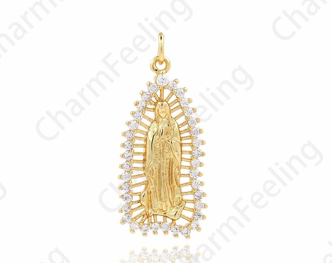 Strip Pendant, 18K Gold Filled Virgin Mary Pendant, Micropavé Cubic Zirconia Virgin Necklace, DIY Jewelry Components 32.5x14x1.5mm