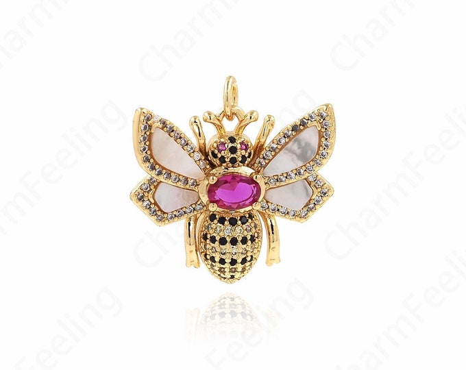 Bee Pendant, Insect Necklace, 18K Gold Filled Bee Charm, Flying Necklace, Micropavé CZ Shell Necklace, DIY Jewelry Supplies, 22x23x5mm