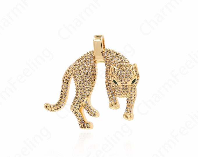 Leopard Pendant,Micropavé CZ Animal Charm,18K Gold Filled Animal Necklace,Leopard Necklace, Leopard Charm,DIY Jewelry Supplies, 34x38x7.5mm