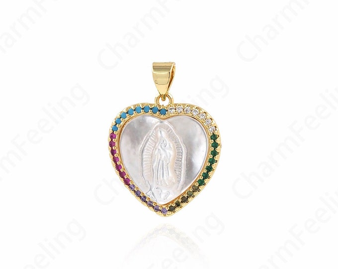 Virgin Mary Charm, 18K Gold Filled Heart-shaped Maria Necklace, Micropavé CZ Catholic Necklace, DIY Jewelry Accessories, 25x18.5x4mm
