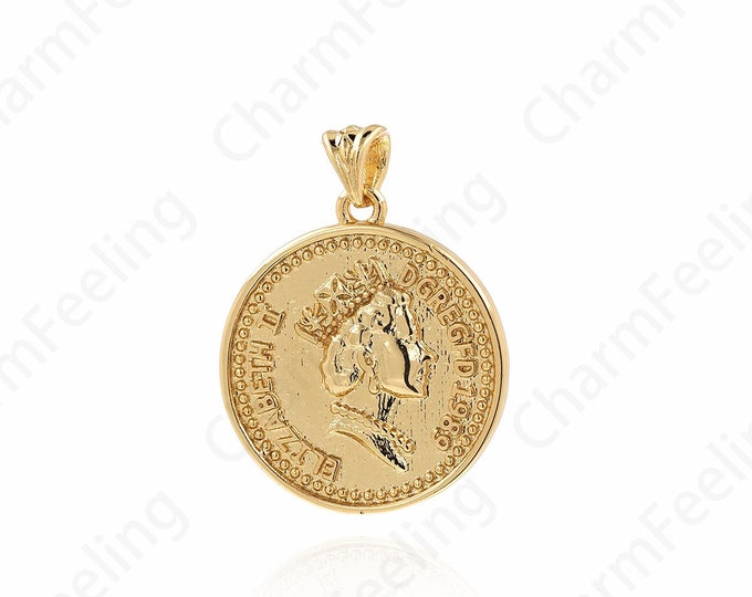 Queen Charm,Round Charm,18K Gold Filled Character Pendant,Round Coin Necklace,Faceted Pendant,DIY Jewelry Accessories,28.5x22x2mm