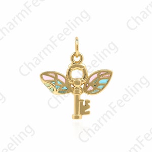18K Gold Filled Flying Key Pendant, Micropavé CZ Key Necklace, Key Charm, Wing Charm, DIY Jewelry Making Supplies, 19x17x2.5mm