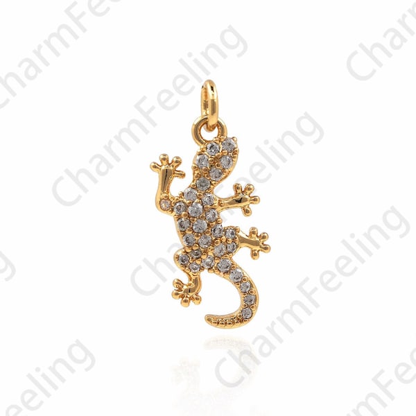 18K Gold Filled Gecko Necklace, Gecko Pendant, Animal Charm, Gecko Charm, Micropavé CZ Gecko Pendant, DIY Jewelry Accessories 19x8x2.5mm