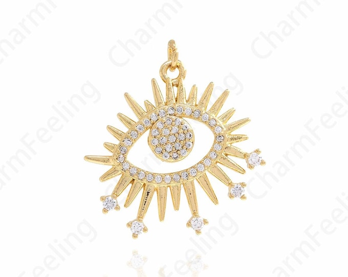 18K Gold Filled Eye Charm, Evil Eye Pendant, Lucky Eye Charm, Micro Pave CZ Eye Necklace, DIY Jewelry Supplies, 27.5x25x3.8mm