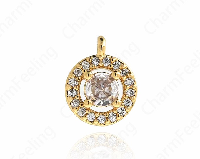 Round Pendant, Micropavé CZ Coin Necklace, 18K Gold Filled Round Charm, DIY Jewelry Supplies, 10.8x8.5x3.6mm