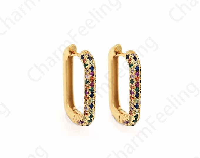 Rectangular Earrings,18K Gold Filled Hollow Earrings,Micropavé CZ Square Hollow Earrings,A Gift For Her,Multi-Zircon Earrings,20x16x2.8mm