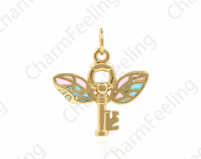 18K Gold Filled Flying Key Pendant, Micropavé CZ Key Necklace, Key Charm, Wing Charm, DIY Jewelry Making Supplies, 19x17x2.5mm