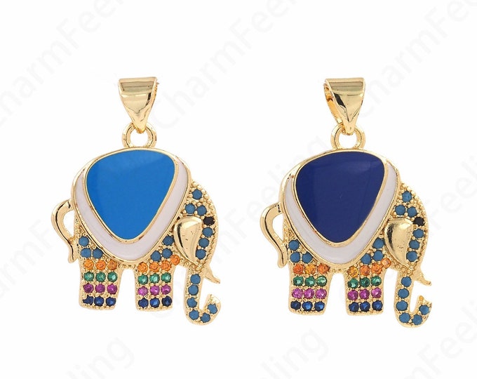 Enamel Elephant Pendant, Enamel Charm, Micropavé CZ Elephant Pendant, 18K Gold Filled Elephant Necklace, Elephant Charm, 25x18x2.5mm