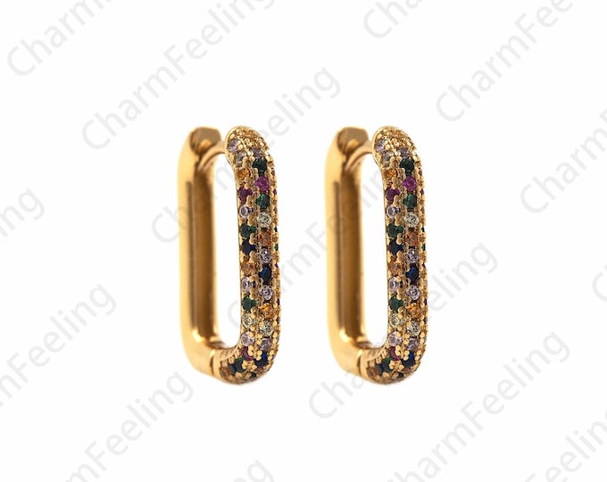 18K Gold Filled Hollow Earrings,Micropavé CZ Square Hollow Earrings,Rectangular Earrings,A Gift For Her,Multi-Zircon Earrings,17x13.5x2.7mm