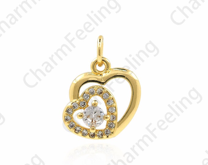 18K Gold Filled Heart Pendant, Micropavé CZ Love Pendant, Love Charm, Heart Charm, Heart Necklace, DIY Jewelry Accessories, 16x13x3.5mm
