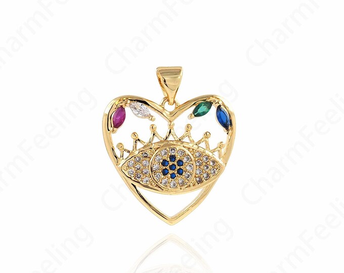 18K Gold Filled Love Necklace, Lucky Eye Pendant, Heart Pendant, Eye Charm, Gift For Her, DIY Jewelry Supplies, 24.5x21.5x4mm