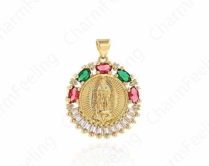 Virgin Mary Necklace, Religious Jewelry Exquisite Virgin Mary Pendant, MicroPave CZ Saint Guadalupe Medal, 30x23x3mm