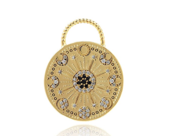 18K Gold Filled Round Moon Phase Charm, Galaxy Disc Pendant, Round Charm, Micropavé CZ Crescent Charm, DIY Jewelry Accessories, 28x18x1.7mm