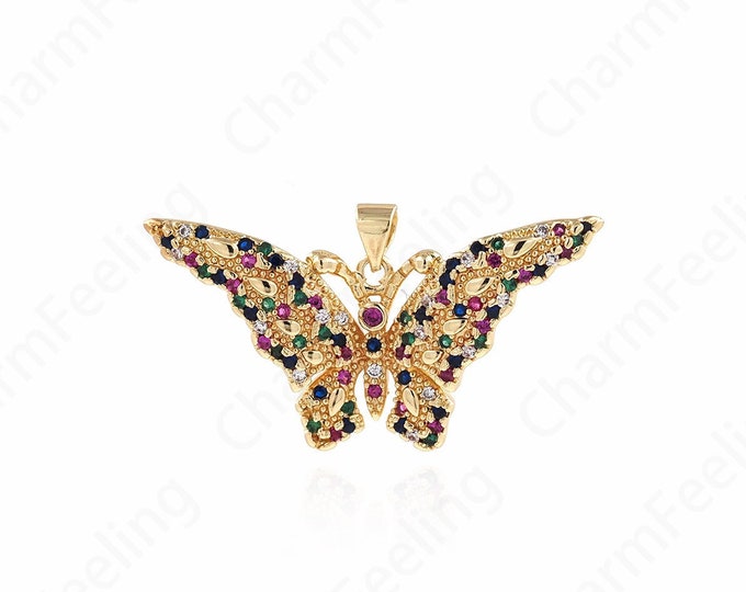 Butterfly Charm, 18K Gold Filled Butterfly Necklace, Micropavé CZ Insect Charm, Butterfly Pendant, DIY Jewelry Supplies, 21x40x5mm