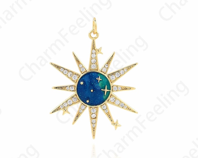 Micropavé CZ Enamel Sun Necklace, 18K Gold Filled Sun Pendant,Enamel Sun Pendant, Enamel Charm, Sun God Charm,Round Charm, 36.5x26.5x3mm