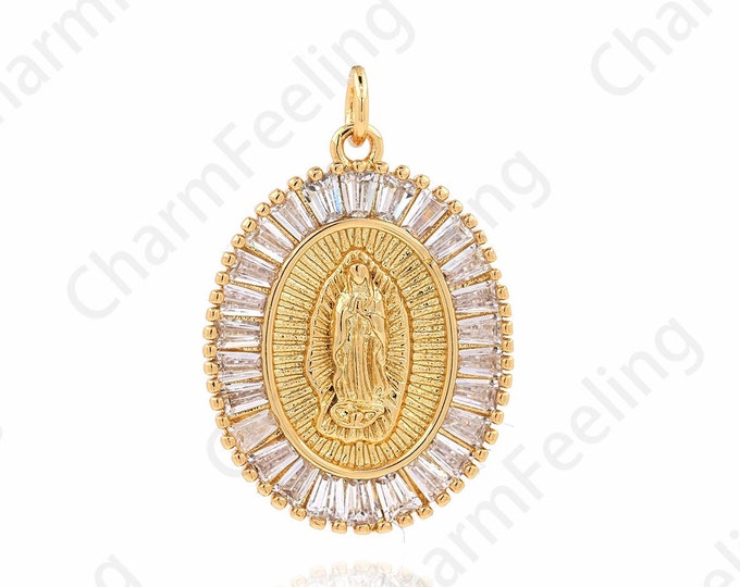 Micropavé Cubic Zirconia Strip Pendant, 18K Gold Filled Virgin Mary Pendant, Virgin Necklace, DIY Jewelry Components 29x19x2.2mm