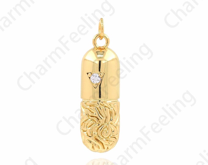 Pill Pendant, Pill Pendant, 18K Gold Filled Cylinder Necklace, Micropavé CZ Pill Necklace, DIY Jewelry Accessories 31x9x4.5mm