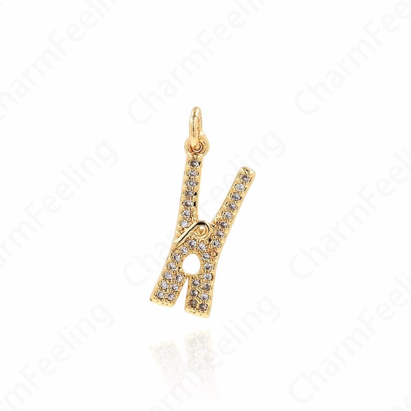 18K Gold Filled Clothespin Laundry Charm, MicroPave CZ Clip Pendant, Clip Jewelry for Bracelet Necklace Earrings Jewelry Making,22x8.5x2.5mm