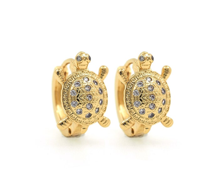 Pierced Earrings, Turtle Earrings, Micropavé CZ Round Earrings, 18K Gold Filled Sea Life Earrings, DIY Jewelry Supplies,14.5x15x10mm