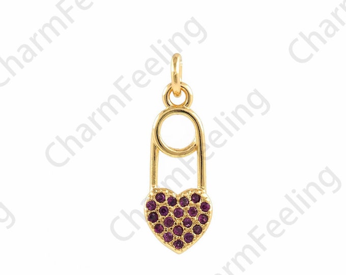Micropavé CZ Pin Pendant, Safety Pin Charm, 18K Gold Filled Heart-Shaped Pin Necklace, DIY Jewelry Accessories, 6.5x18.5x1.7mm