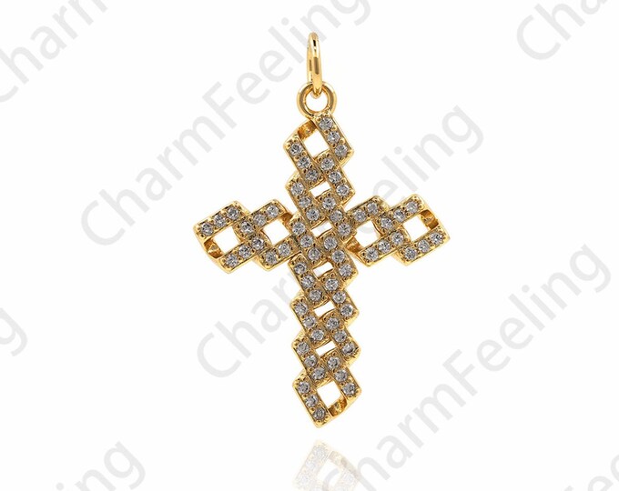 18K Gold Filled Cross Necklace. Cross Pendant, Micropavé CZ Cross Charm, Religious Charm, Lucky Charm, DIY Jewelry Accessories 30x19x2.5mm