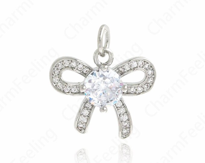 Silver Filled Bow Charm, Bow Necklace, Bow Pendant, Micropavé CZ Knot Charm, DIY Jewelry Supplies, 18x16.2x3.7mm