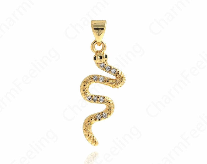 18K Gold Filled Snake Pendant, Snake Necklace, Micropavé CZ Gold Snake Pendant, Gold Snake Necklace, Snake Charm, 30x10x2mm