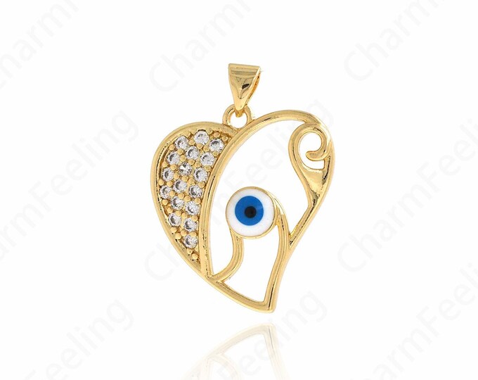 18K Gold Filled Heart-shaped Eye Pendant,Micropavé CZ Eye Necklace,Enamel Eye Charm,Enamel Charm,DIY Jewelry Accessories,28.5x21.5x3.8mm