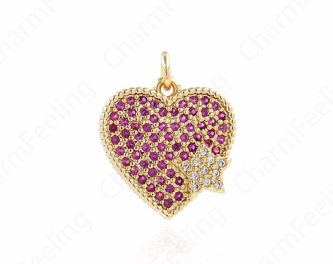 18K Gold Filled Dainty Necklace, Heart Pendant, Pentagram Charm, Micropavé CZ Love Charm, Gift For Her, DIY Jewelry Supplies, 21x17.5x3.5mm