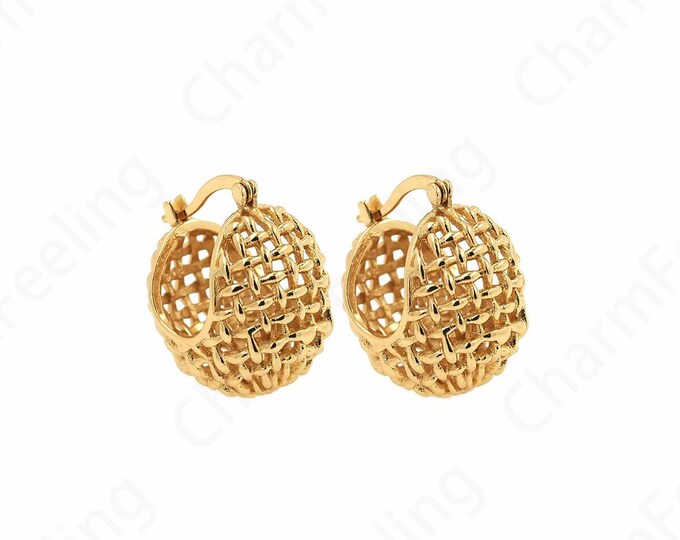 1 pair 18K Gold Filled Basket Hoop Earrings, Diamond Cut Gold Hoops, Gold Hoop Earrings, Medium Basket Dangle Hoops,25.7x17.3x1.2mm