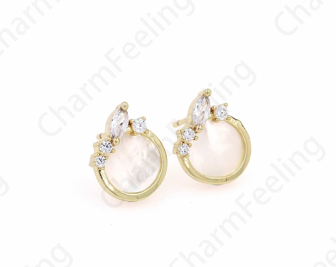 Round Earrings,Dainty Earrings,18K Gold Filled Shell Earrings,Micropavé Cubic Zirconia Earrings,Gift For Her,DIY Jewelry Supplies,11.5x10mm