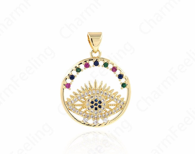 18K Gold Filled Eye Charm, Eye Pendant,Micropavé CZ Eye Medal, Eyes On Coin Necklace,DIY Jewelry Making Accessories 26.5x20x3.5mm