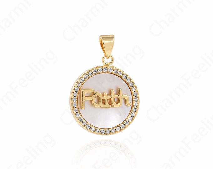 Round Pendant, Micropavé CZ Word Necklace, 18K Gold Filled Round Charm, Fatth Necklace, DIY Jewelry Supplies, 25x18.5x4mm