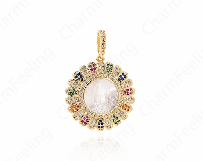 MicroPave CZ Saint Guadalupe Medal,18K Gold Filled Virgin Mary Pendant,Round Virgin Mary Necklace, Religious Jewelry 42.5x30x6mm